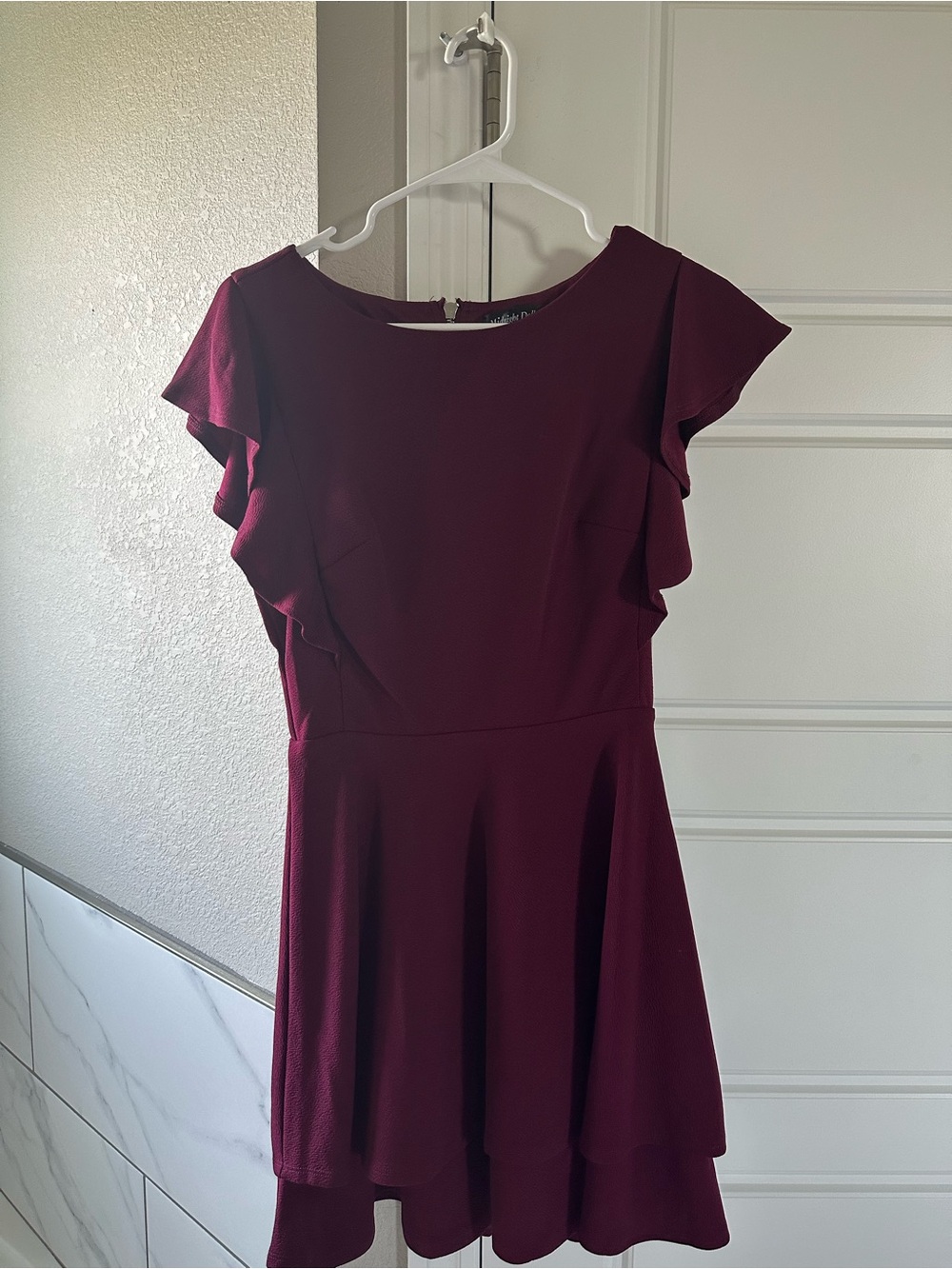 Flutter-Sleeve Mini Dress in Burgundy